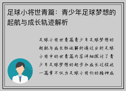 足球小将世青篇：青少年足球梦想的起航与成长轨迹解析